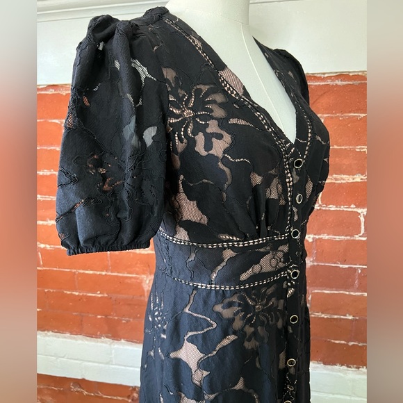 Anthropologie Ophelia Midi Dress Black Lace Puff Sleeve V Neck Button Front - Picture 8 of 16
